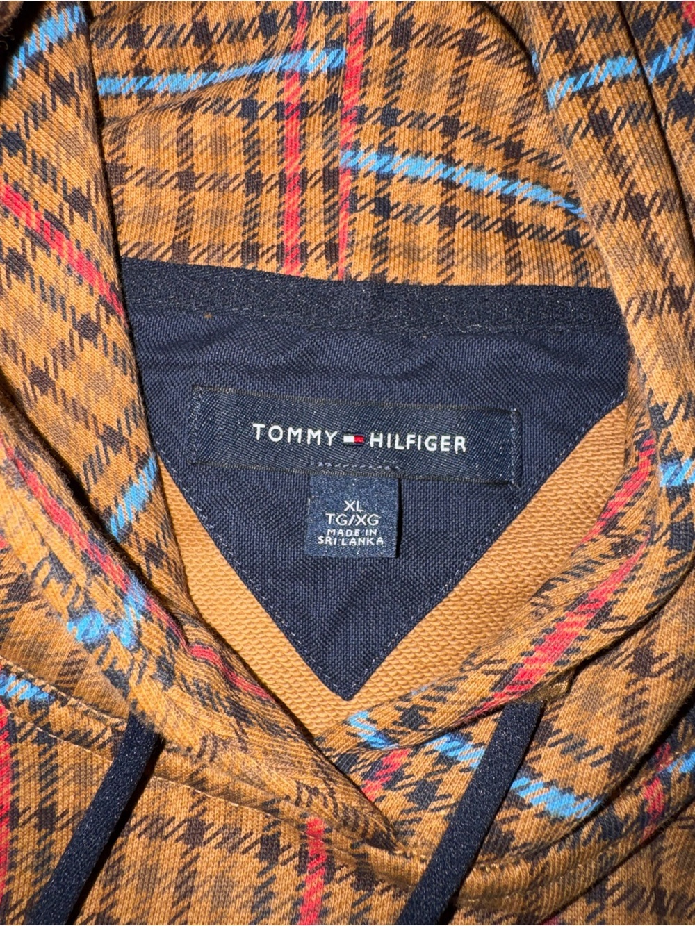Tommy Hilfiger Tan Plaid Hoodie with Blue-Red Branded Sleeve Tape - Picture 6 of 8